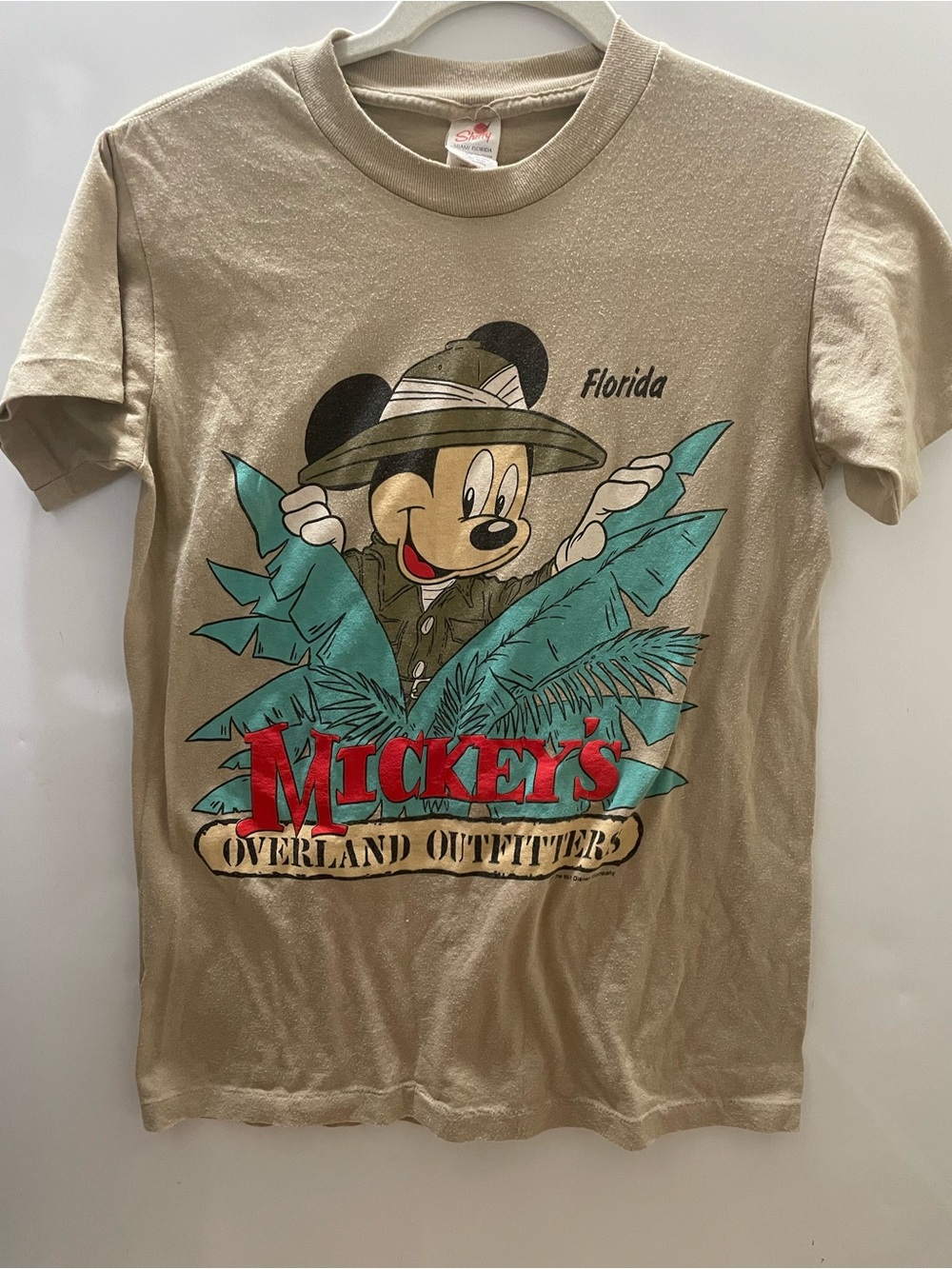 Mickey Mouse Safari T-Shirt Medium M Overland Outfitters Beige Single Stitch Vtg